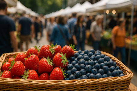 A vibrant basket filled with strawberries and blueberries showcases fresh produce at a bustling outdoor market during a sunny summer afternoon.の素材