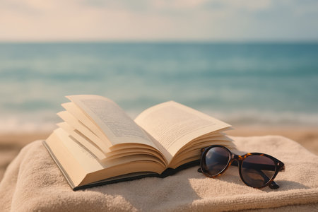 A book lies open on a towel beside a pair of sunglasses, with gentle waves in the background reflecting the warm sunset light. The peaceful atmosphere invites relaxation.の素材