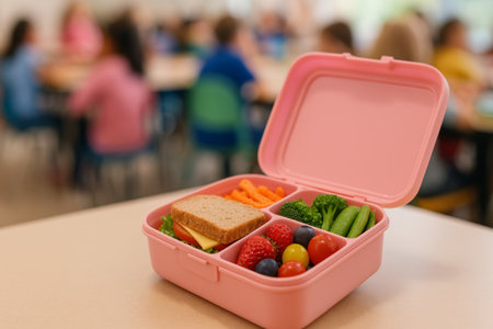 A vibrant lunch box containing pasta, fruits, and vegetables sits on a table. Children can be seen enjoying lunch in the background during a school day.の素材