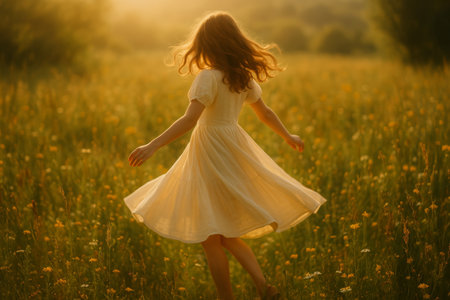 A young girl in a light-colored dress joyfully twirls in a meadow brimming with wildflowers as the sun sets, casting a warm glow across the landscape.の素材