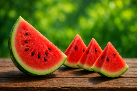 Juicy watermelon slices arranged on a wooden table, surrounded by lush greenery, showcasing a vibrant summer day perfect for enjoying fresh fruit.の素材