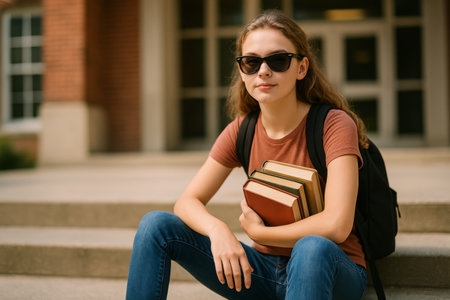 A student sits on the steps of a school building, wearing sunglasses and a casual outfit. She holds several books close to her chest, appearing thoughtful and relaxed.の素材
