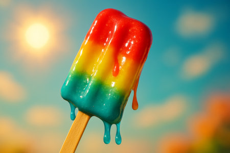 A colorful rainbow popsicle drips on a wooden stick against a bright sky with fluffy clouds during a sunny summer afternoon. The warm sunlight enhances the vibrant colors.の素材