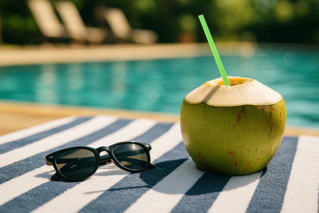 Bright green coconut filled with a refreshing drink sits beside dark sunglasses on a striped towel near a sparkling swimming pool on a sunny day.の素材