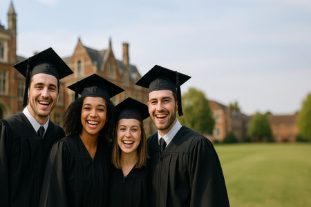 Graduates stand together on a lush green campus lawn, smiling joyfully while wearing black caps and gowns. The setting features historic buildings in the background.の素材