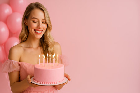 A young woman in a pink dress holds a cake adorned with candles, smiling brightly against a pink backdrop with balloons. The atmosphere is festive and cheerful.の素材