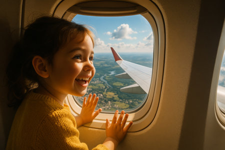 A girl leans excitedly against an airplane window, smiling as she gazes at the beautiful green countryside below. Fluffy clouds enhance the cheerful atmosphere of the journey.の素材