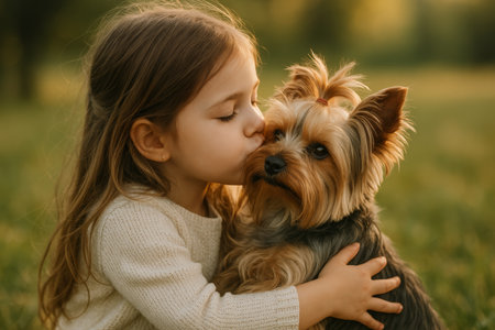 A young girl in a yellow sweater affectionately kisses her small dog in a sunny meadow. The warm light enhances the joyful moment shared between them in the serene outdoor setting.の素材
