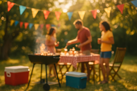 Friends gather around a barbecue grill, laughing and cooking together. Colorful flags hang above as they enjoy drinks and share moments in a sunny outdoor setting.の素材