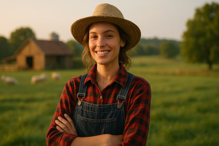 A joyful farmer stands confidently in a lush green field at golden hour, with sheep grazing peacefully and a rustic barn in the background, showcasing a serene countryside atmosphere.の素材