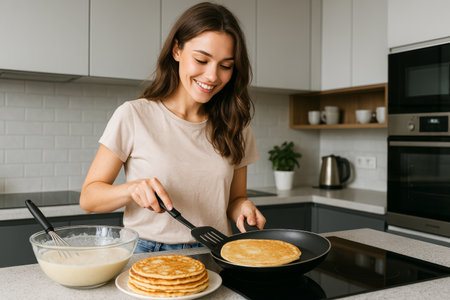 A woman is happily flipping pancakes in her stylish kitchen. She stands by a countertop with a bowl of batter and a plate stacked with golden pancakes, enjoying the cooking process.の素材