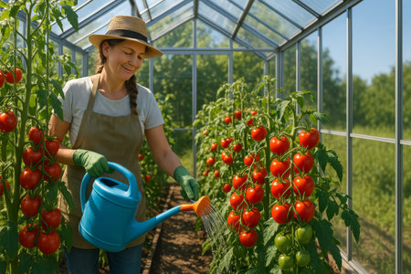 A gardener tends to vibrant tomato plants in a greenhouse, using a blue watering can to nourish the lush greenery under clear skies.の素材