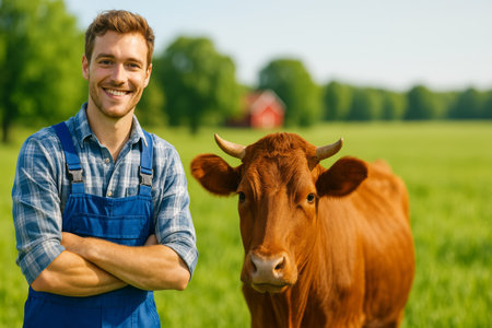 Young farmer in blue overalls smiles confidently next to a friendly brown cow in a lush green field under clear skies. A red barn is visible in the background.の素材