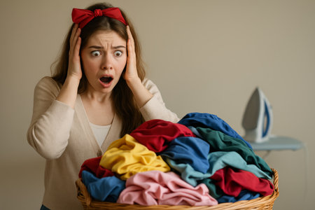 A young woman with brown hair and a red bow looks shocked while staring at a large basket overflowing with wrinkled, colorful laundry in a bright, tidy room.の素材