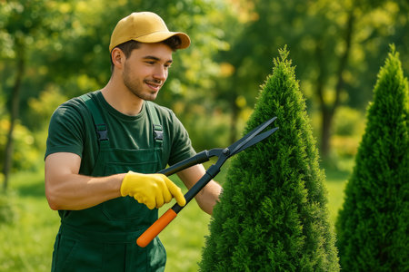 A young gardener in a green overall and yellow gloves carefully trims a conifer shrub using shears in a lush garden. Sunlight enhances the vibrant greenery around.の素材
