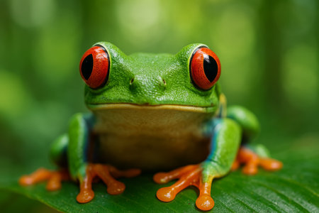 A vibrant green tree frog with striking red eyes is perched on a large leaf in a lush jungle environment under bright sunlight. The background is filled with greenery.の素材