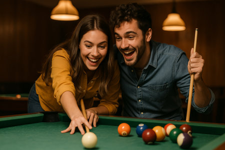 Two friends are having a great time playing billiards in a relaxed bar setting, sharing smiles and laughter as they take turns at the table.の素材