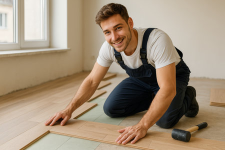 A young man kneels on the floor, smiling as he lays down wooden planks in a sunlit, empty room. The atmosphere feels productive and energetic as he works intently.の素材