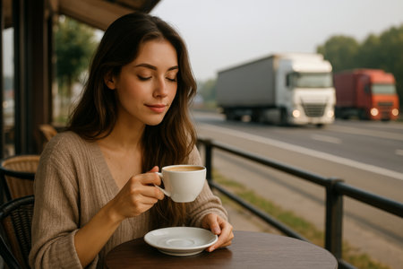 A woman sits at a table, savoring a cup of coffee. Trucks drive by on the road during the early hours, creating a calm yet active atmosphere around her.の素材