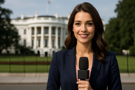 A reporter is positioned outside the White House, holding a microphone and preparing to deliver important political updates. The building looms in the background.の素材