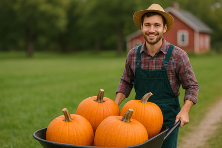 A smiling farmer in overalls pushes a wheelbarrow filled with bright orange pumpkins across a green field. A red barn stands in the background under clear skies.の素材