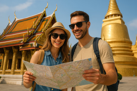 Visitors explore a stunning historical temple in a vibrant city, smiling as they navigate their adventure with a map in hand under the clear blue sky.の素材