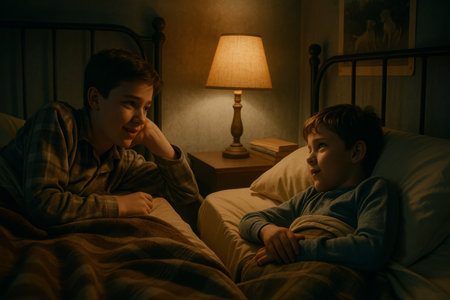 Two brothers relax in a softly lit bedroom, sharing stories while lying on separate beds. The atmosphere is calm and intimate, perfect for bonding and laughter.の素材