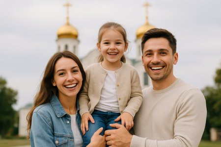 A joyful family stands outside, with a charming church in the background. The parents hold their smiling daughter, capturing a moment filled with happiness and warmth.の素材