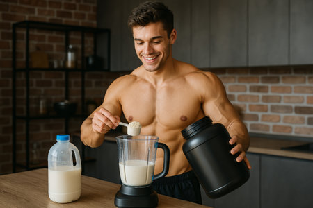 A man is smiling while adding protein powder to a blender filled with milk in a stylish kitchen. Sunlight illuminates the space, enhancing the warm atmosphere of the setting.の素材