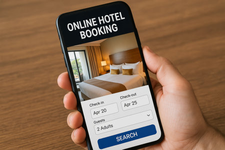 A person interacts with a smartphone to book a hotel online, entering details like destination and dates. The hotel booking interface is visible, showcasing user-friendly options.の素材