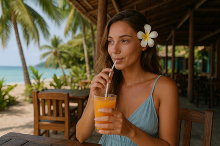 A woman relaxes at a beachside terrace, sipping a vibrant drink with a straw, surrounded by palm trees and ocean views.の素材