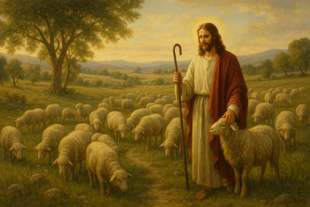 A shepherd stands in a green meadow, gently touching a sheep amidst a flock. The backdrop features rolling hills and a warm sunset, creating a peaceful countryside atmosphere.の素材