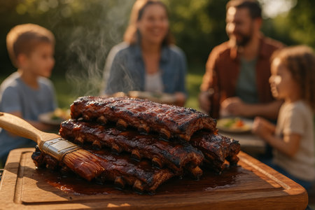 A family gathers outdoors, sharing a meal while savoring tender barbecue ribs. Laughter and delicious food create a warm, inviting atmosphere on a sunny day.の素材