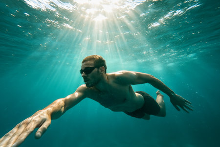 A man swims gracefully underwater in the ocean, surrounded by bright rays of sunlight illuminating the clear blue water. His focused expression suggests determination.の素材