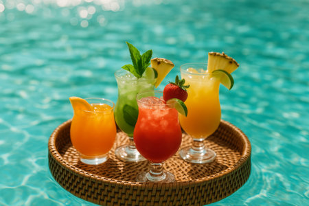 Four colorful cocktails are displayed on a woven tray, surrounded by a bright turquoise pool. The drinks include fruits and mint, perfect for relaxation in warm weather.の素材