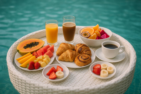 A relaxing breakfast spread featuring fresh tropical fruits, croissants, coffee, and juice served on a tray beside a sparkling pool on a sunny morning.の素材