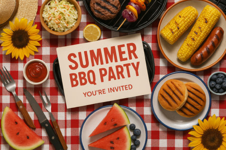 A summer BBQ party showcases grilled meats, fresh sides, and vibrant decorations on a picnic table. Guests are welcomed with a bright invitation amidst seasonal foods and colorful plates.の素材