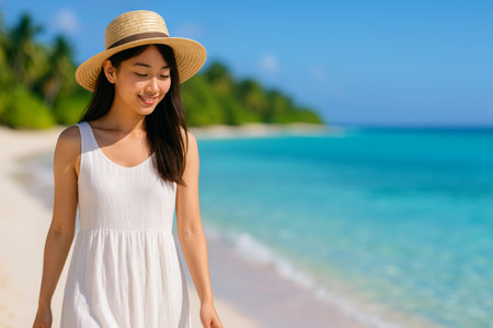 A young woman strolls along a beautiful sandy beach, wearing a white dress and straw hat, enjoying the warm sun and vibrant turquoise waters under a clear blue sky.の素材