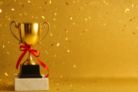 A golden trophy sits atop a white pedestal, adorned with a red ribbon. Confetti falls against a shimmering gold background, creating a festive atmosphere for an award celebration.の素材