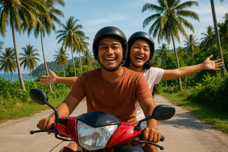 A couple enjoys their time riding a motorbike along a coastal road surrounded by palm trees, with clear blue skies and a refreshing ocean in the background.の素材