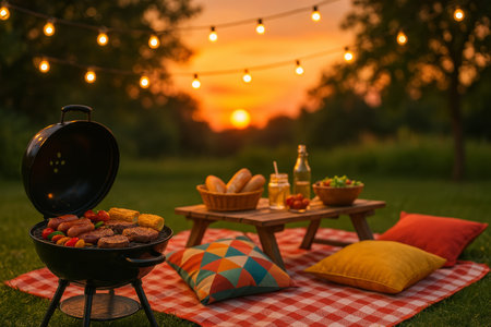 Friends enjoy a barbecue gathering in a garden at sunset, with burgers on the grill and a picnic table filled with food and drinks under glowing fairy lights.の素材