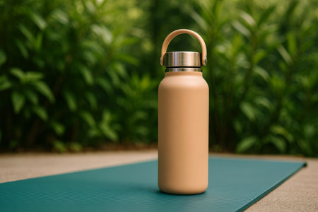 A sleek water bottle stands on a yoga mat, with lush green plants in the background, creating a serene atmosphere. This set up is perfect for refreshing hydration during outdoor yoga.の素材