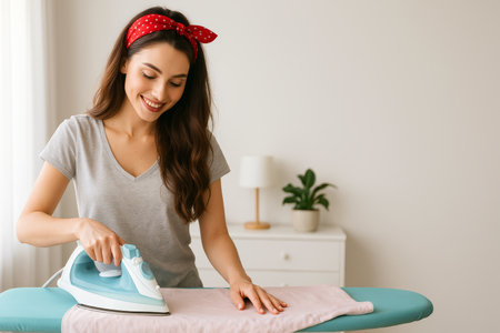 A woman smiling while ironing a piece of clothing on a board in a bright, tidy room. Sunlight filters through the window, creating a warm atmosphere.の素材