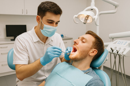 A dentist performs a dental exam on a patient in a clean, well-lit clinic. The patient sits in a dental chair while the dentist uses tools for inspection.の素材