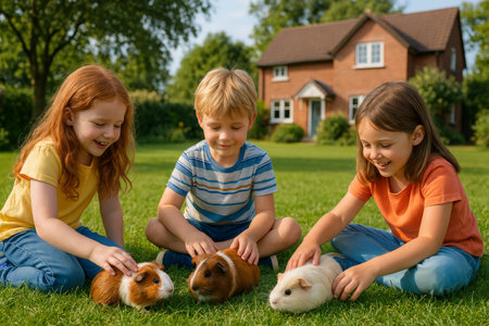 Three children engage playfully with guinea pigs on lush green grass in a sunny backyard. The warmth of the day enhances their joyful interactions and laughter.の素材