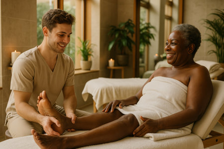 A man gives a soothing foot massage to a woman in a cozy spa setting. Soft lighting and plants enhance the relaxing atmosphere as she enjoys the moment.の素材
