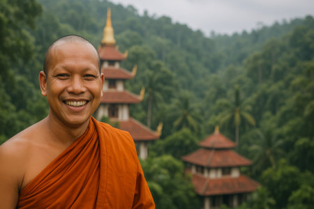 A monk dressed in orange robes smiles warmly while standing before a traditional temple set amid verdant hills. The atmosphere is tranquil on this cloudy day.の素材