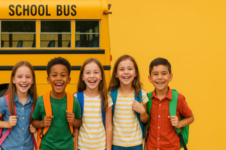 Five children with colorful backpacks stand in front of a bright yellow school bus, beaming smiles. The scene captures a joyful moment at the start of a school day.の素材
