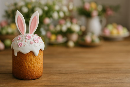 A delightful cupcake featuring bunny ears and floral decorations sits on a wooden table, surrounded by colorful spring flowers and treats for a festive Easter gathering.の素材