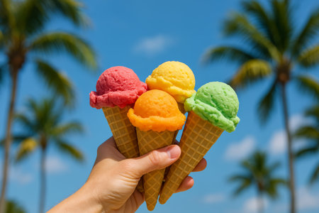 A hand holds five vibrant ice cream cones with assorted flavors under a clear blue sky, surrounded by palm trees, capturing a joyful moment in a tropical setting.の素材